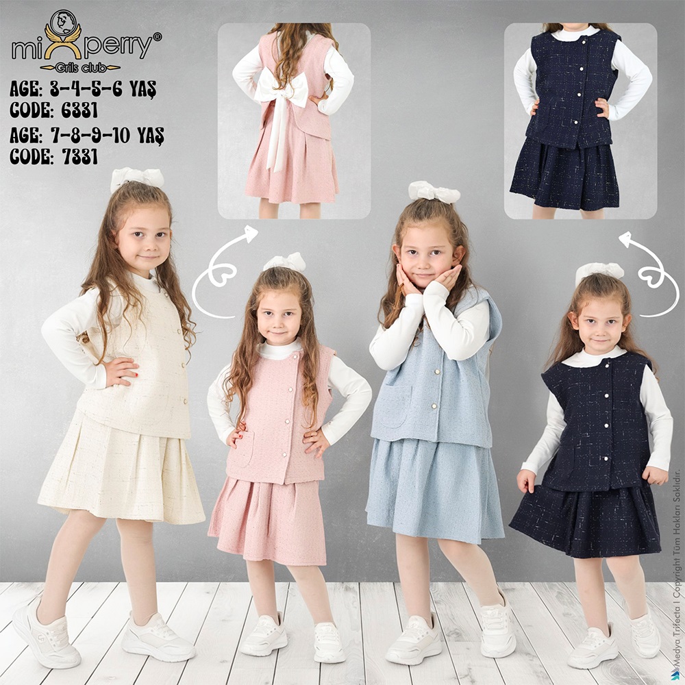 Mixperry 7331 Kız Çocuk Arka Fiyonklu Şanel 3 Lü Çeketli Takım 7-10 Yaş