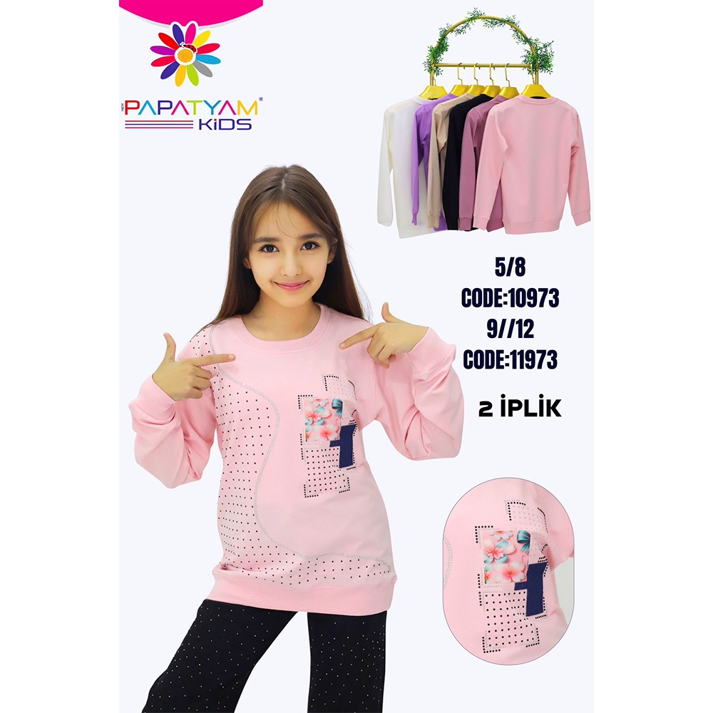 Papatyam Kids 11973 Kız Çocuk Kare Cep Komple Taşlı Nakışlı Sweat 9-12 Yaş