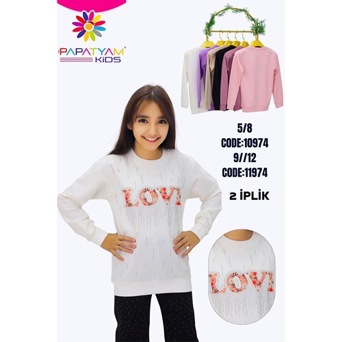 Papatyam Kids 11974 Kız Çocuk Love Bas Komple Taşlı Nakışlı Sweat 9-12 Yaş