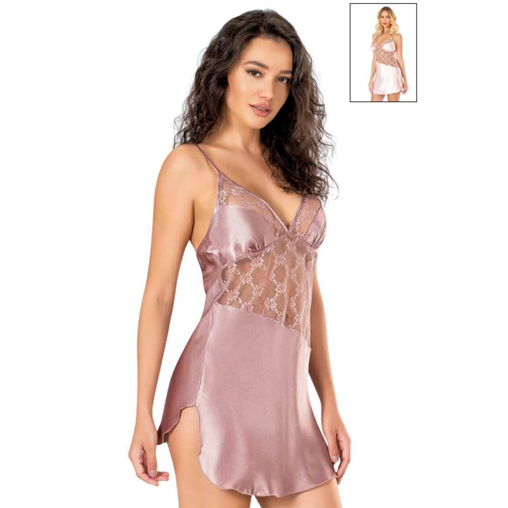 Primoda 8137 Bayan Saten Dantelli Kısa Gecelik - 40651-Vizon-XL