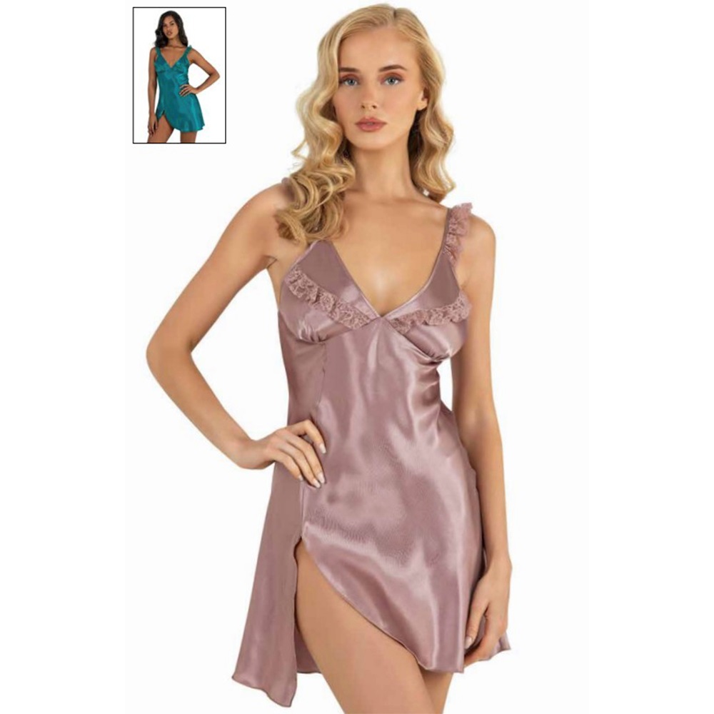 Primoda 8237 Bayan Saten Dantelli Kısa Gecelik - 40652-Zümrüt-L