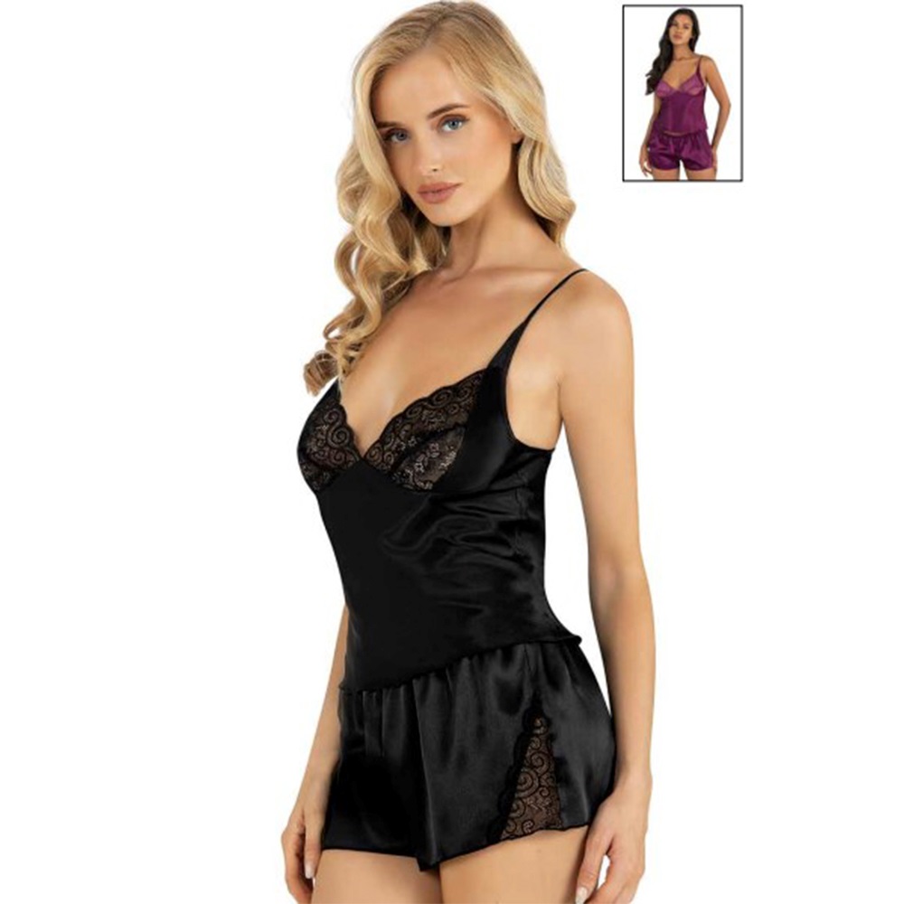 Primoda 9216 Bayan Saten Dantelli Şort Takımı - 40731-Siyah-L