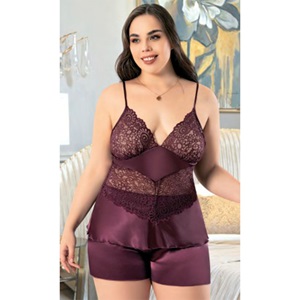 Miss Laris 4242 Bayan Battal Dantelli Saten Şortlu Gecelik - 40767-Mürdüm-3XL