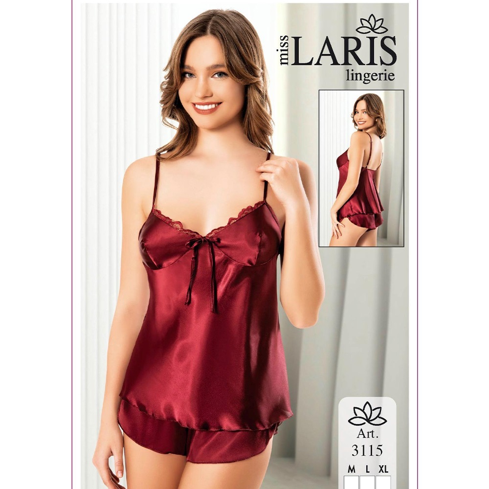Miss Laris 3115 Bayan Dantelli Saten Şortlu Takım Gecelik - 40793-Bordo-L