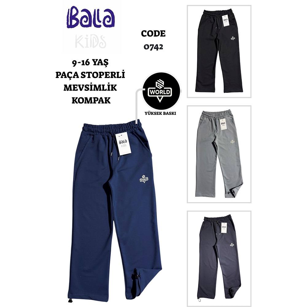 Bala 0742 Kız Çocuk kompak Penye World Baskılı Paça Stoperli Eşofman Alt 9-12 Yaş - 40855-Karışık Renk -9-12 YAŞ