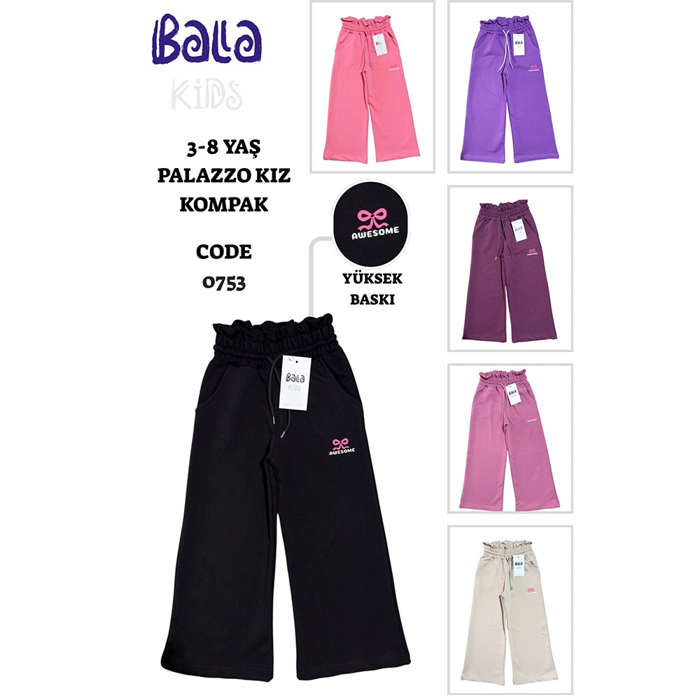 Bala 0753 Kız Çocuk Marol Kemerli Awesome Baskılı Geniş Paça Eşofman Alt 3-8 Yaş