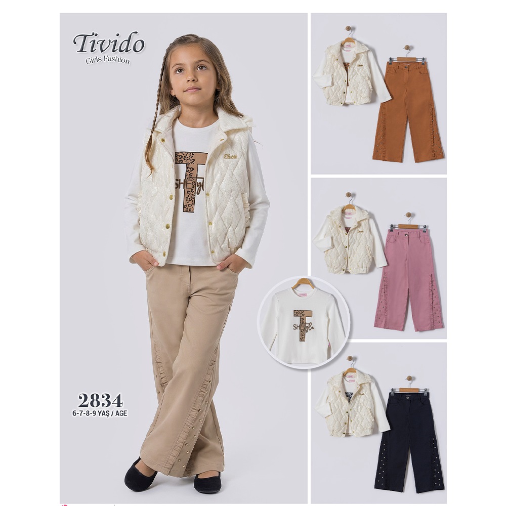 Tivido 2834 Kız Çocuk Taş Dantelli Düğmeli Yelek 3 Lü Takım 6-12 Yaş - 40893-Karışık Renk -6-12 YAŞ