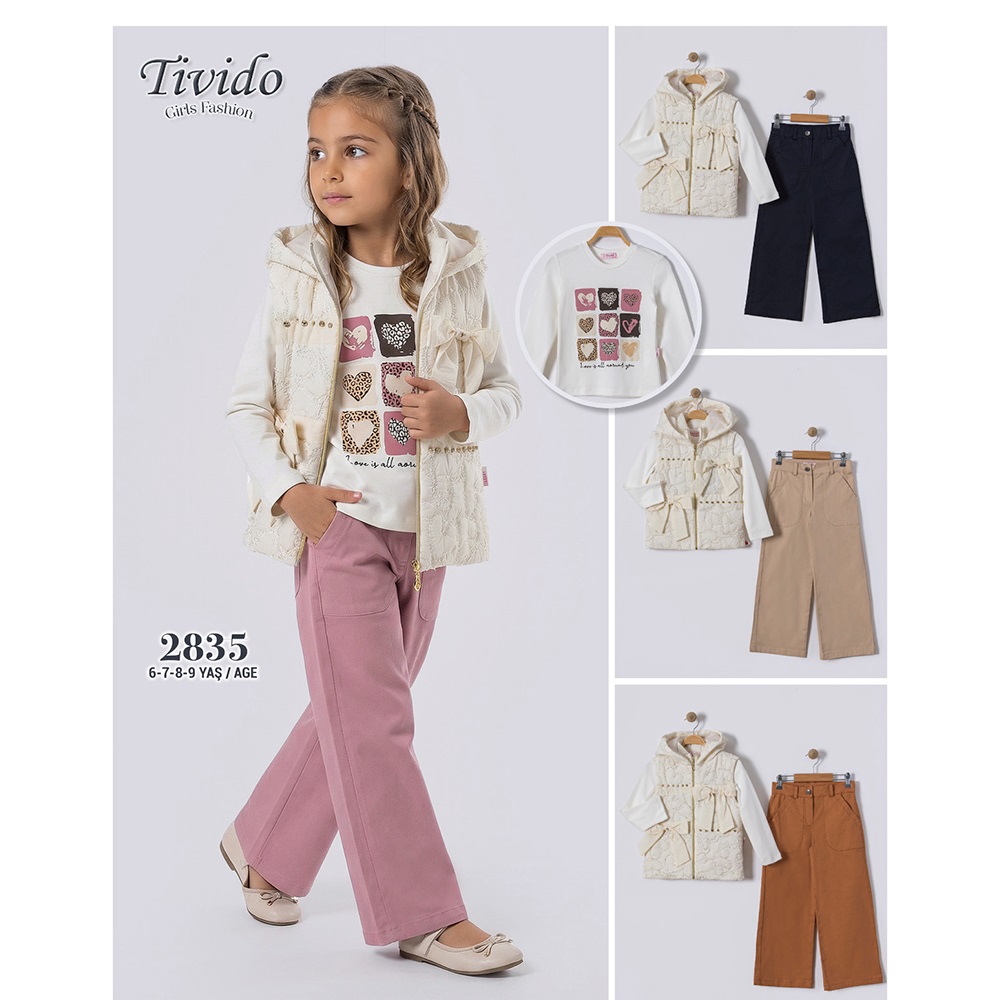 Tivido 2835 Kız Çocuk Taş Dantelli Fermuarlı Kapşonlu Yelek 3 Lü Takım 6-12 Yaş