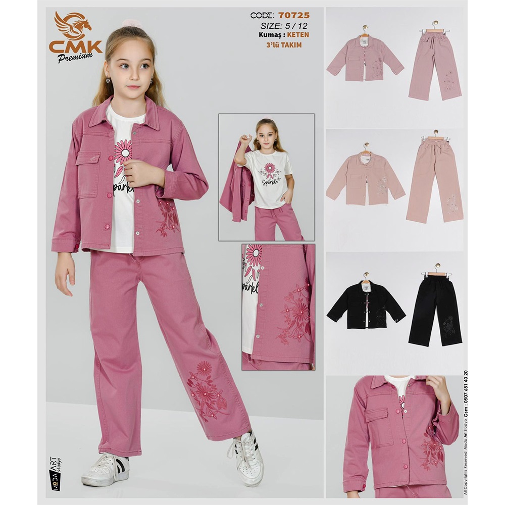 CMK KIDS 70725 Kız Çocuk Çiçek Nakışlı Kot Ceketli 3'lü Takım 5-12 Yaş - 40899-Karışık Renk -5-12 YAŞ