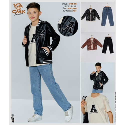 CMK KIDS 70535 Erkek Çocuk A Peluş Nakışlı Deri Fermuarlı Ceketli 3'lü Takım 5-12 Yaş
