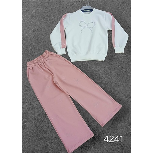 Alfa Kids 4241 Kız Çocuk Taşlı Fiyonk Nakışlı Sıfır Yaka Takım 4-10 Yaş