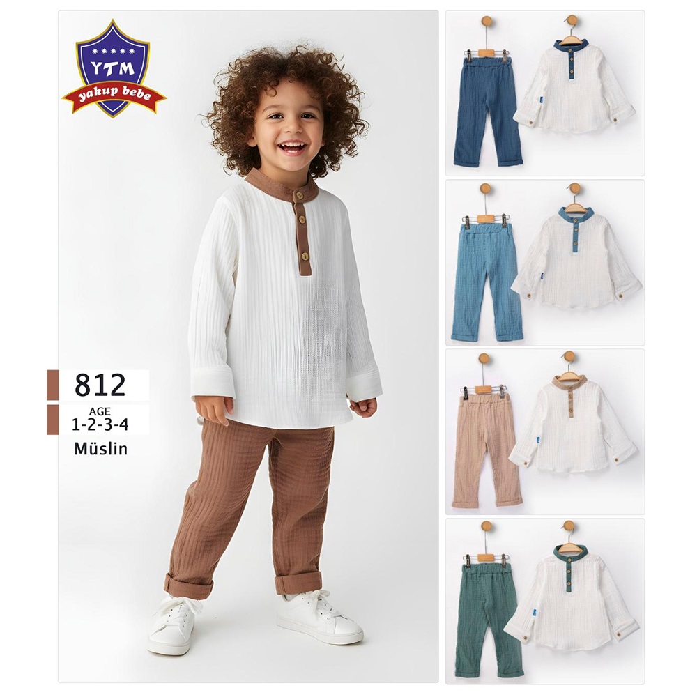 YTM 812 Erkek Çocuk Müslin Kumaş Ön üç Düğmeli Takım 1-4 Yaş - 40907-Karışık Renk -1-4 YAŞ