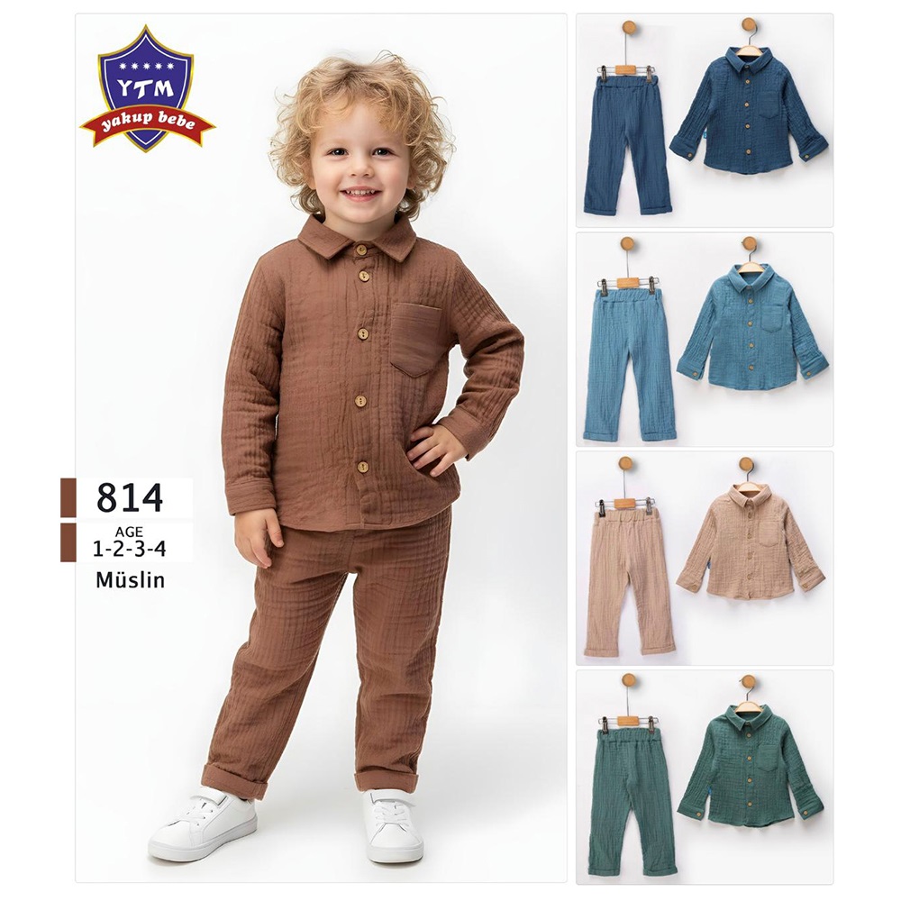 YTM 814 Erkek Çocuk Müslin Kumaş Ön Cepli Düğmeli Yakalı Takım 1-4 Yaş - 40908-Karışık Renk -1-4 YAŞ