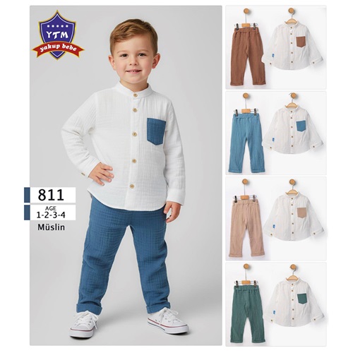 YTM 811 Erkek Çocuk Müslin Kumaş Ön Cepli Düğmeli Takım 1-4 Yaş - 40909-Karışık Renk -1-4 YAŞ