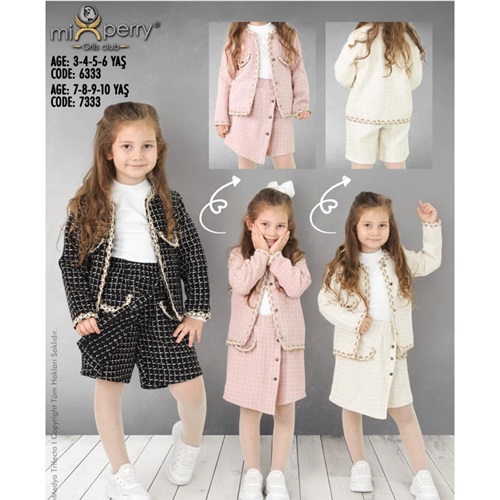 Mixperry 7333 Kız Çocuk Kenarı Hasır Dantelli Şort Etekli Şanel Takım 7-10 Yaş - 40940-Karışık Renk -7-10 YAŞ