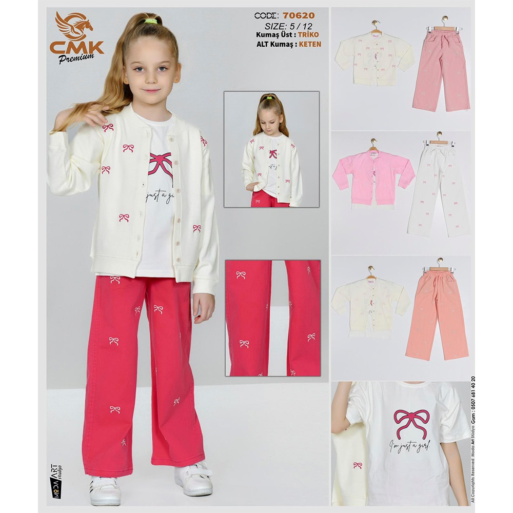 CMK KIDS 70620 Kız Çocuk Triko Kurdele Nakışlı 3 Lü Takım 5-12 Yaş - 40961-Karışık Renk -5-12 YAŞ