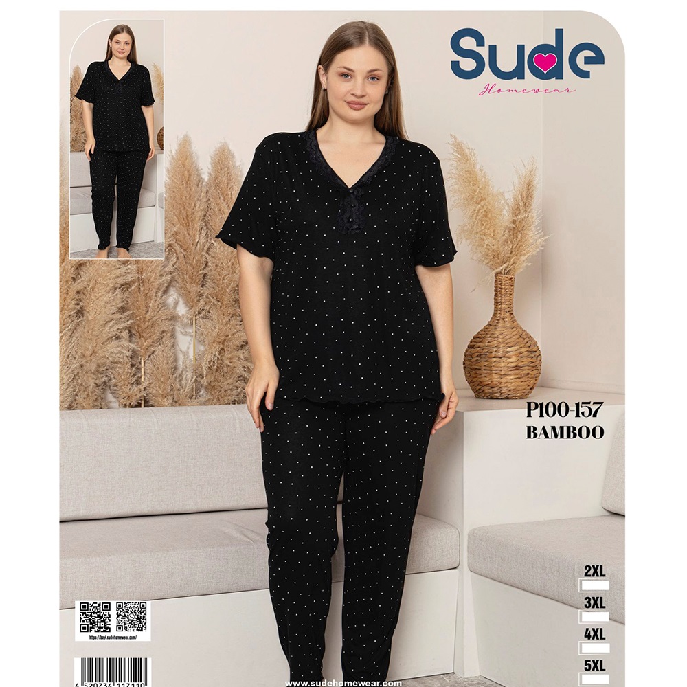 Sude P100-157 Bayan Battal Bambu Desenli Kısa Kol Pijama Takımı 2XL-5XL