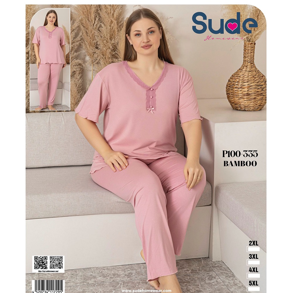 Sude P100-335 Bayan Battal Bambu Desenli Kısa Kol Pijama Takımı 2XL-5XL