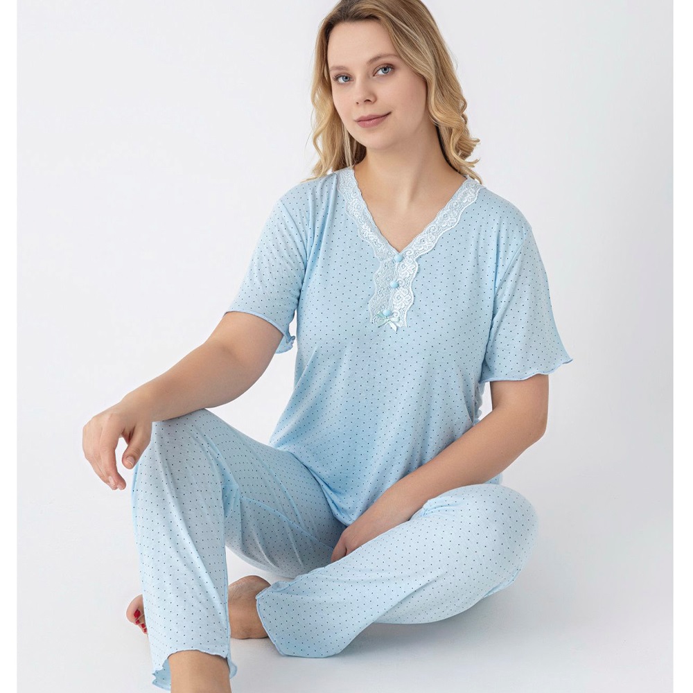 Sude P100-155 Bayan Battal Bambu Desenli Kısa Kol Pijama Takımı 2XL-5XL