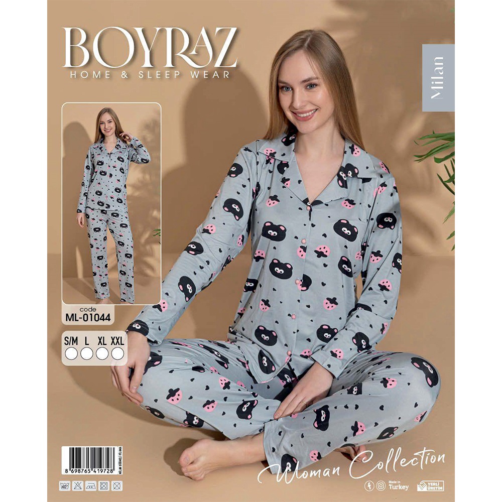 Boyraz 01044 Bayan Milan Desenli Uzun Kollu Ceket Yakalı Pijama Takımı S-2XL