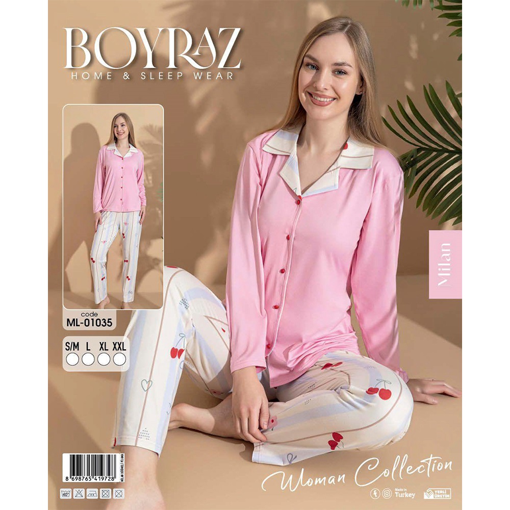 Boyraz 01035 Bayan Milan Desenli Uzun Kollu Ceket Yakalı Pijama Takımı S-2XL