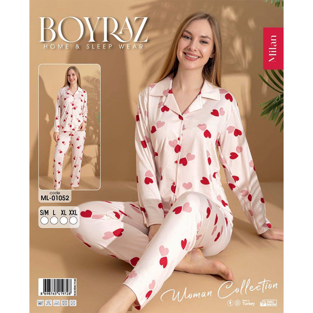 Boyraz 01052 Bayan Milan Desenli Uzun Kollu Ceket Yakalı Pijama Takımı S-2XL