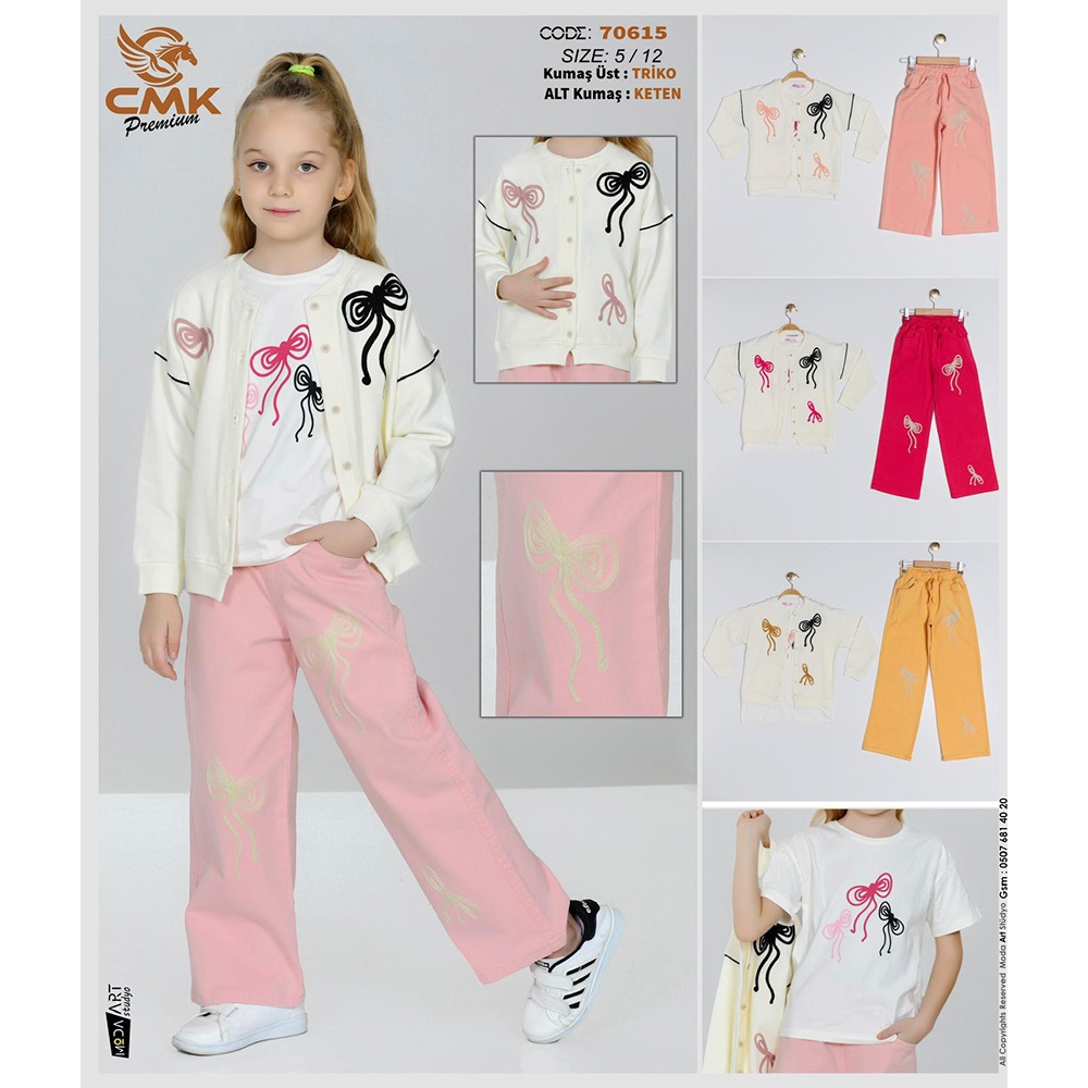 CMK KIDS 70615 Kız Çocuk 2 İp Fiyonk Nakışlı Triko Hırka 3 Lü Takım 5-12 Yaş