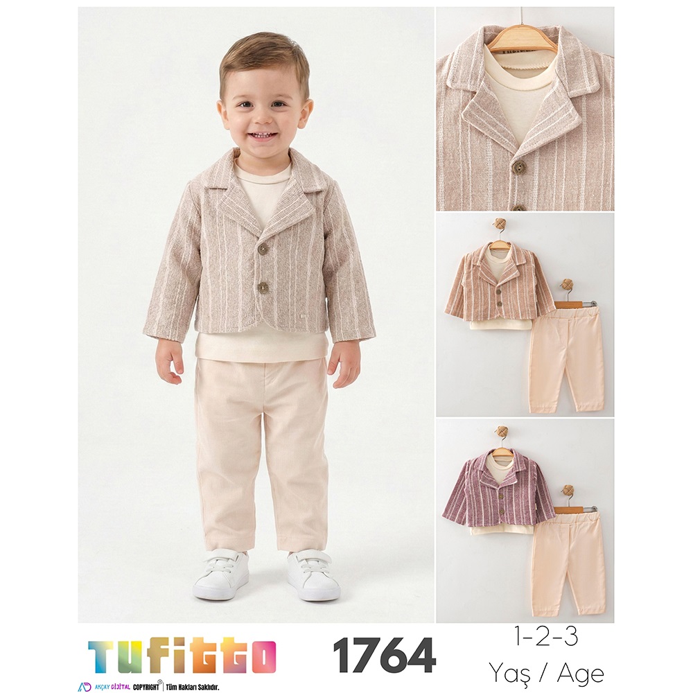 Tufitto 1764 Erkek Bebe Çizgili Jakar Ceketli 3 Lü Takım 9-24 Ay