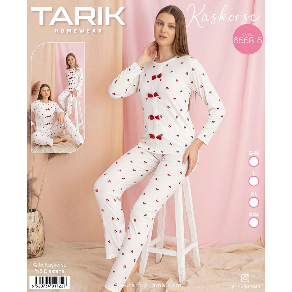 Tarık 6558-5 Bayan Kaşkorse Kiraz Baskılı Uzun Kol Pijama Takımı SM-2XL