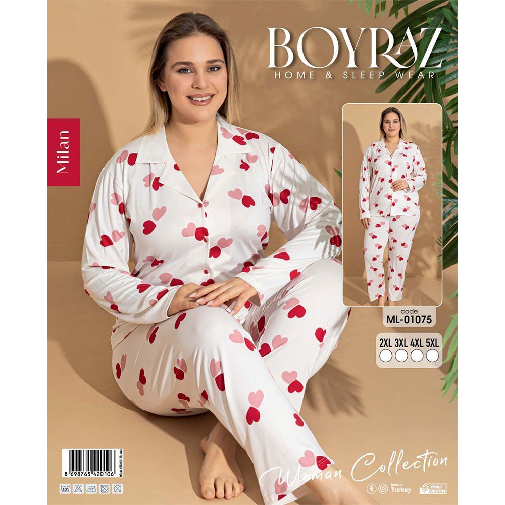 Boyraz Ml-01075 Bayan Battal Milan Desenli Boydan Düğmeli Pijama Takımı 2XL-5XL - Karışık Renk - 2XL-3XL-4XL-5XL