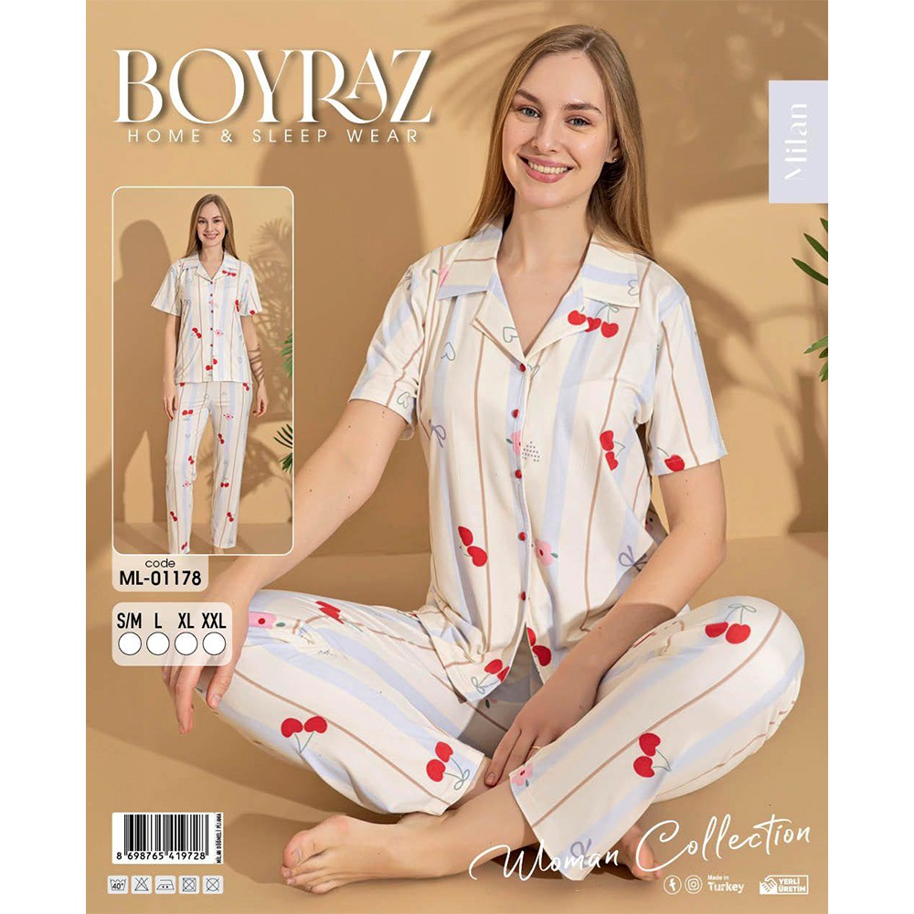 Boyraz Ml-01178 Bayan Milan Desenli Boydan Düğmeli Kısa Kol Pijama Takımı S-2XL - Karışık Renk - S-M-L-XL-2XL