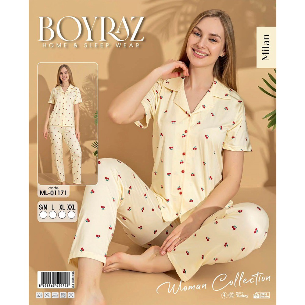 Boyraz Ml-01171 Bayan Milan Desenli Boydan Düğmeli Kısa Kol Pijama Takımı S-2XL