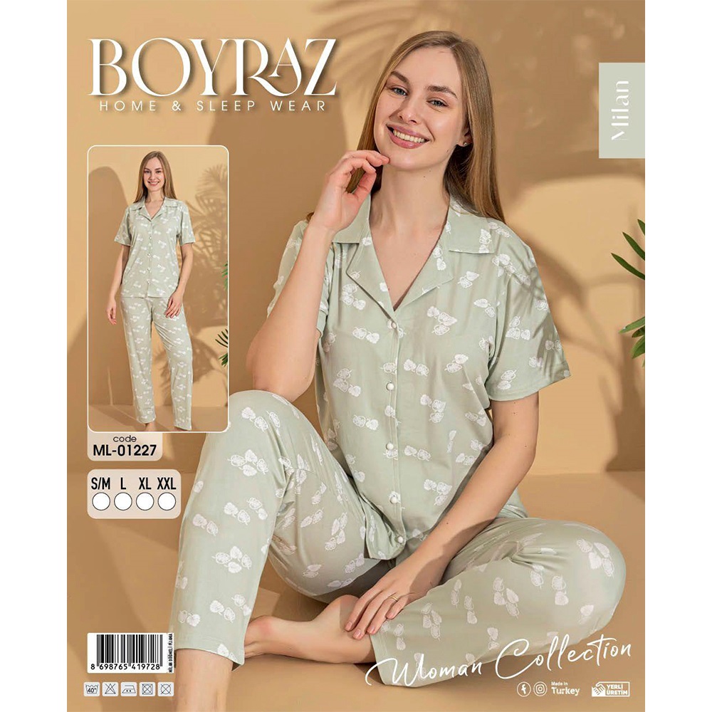 Boyraz Ml-01227 Bayan Milan Desenli Boydan Düğmeli Kısa Kol Pijama Takımı S-2XL - Karışık Renk - S-M-L-XL-2XL
