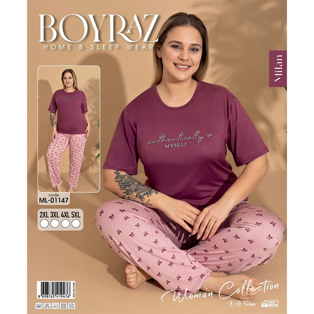 Boyraz Ml-01147 Bayan Battal Milan Desenli Kısa Kol Pijama Takımı 2XL-5XL