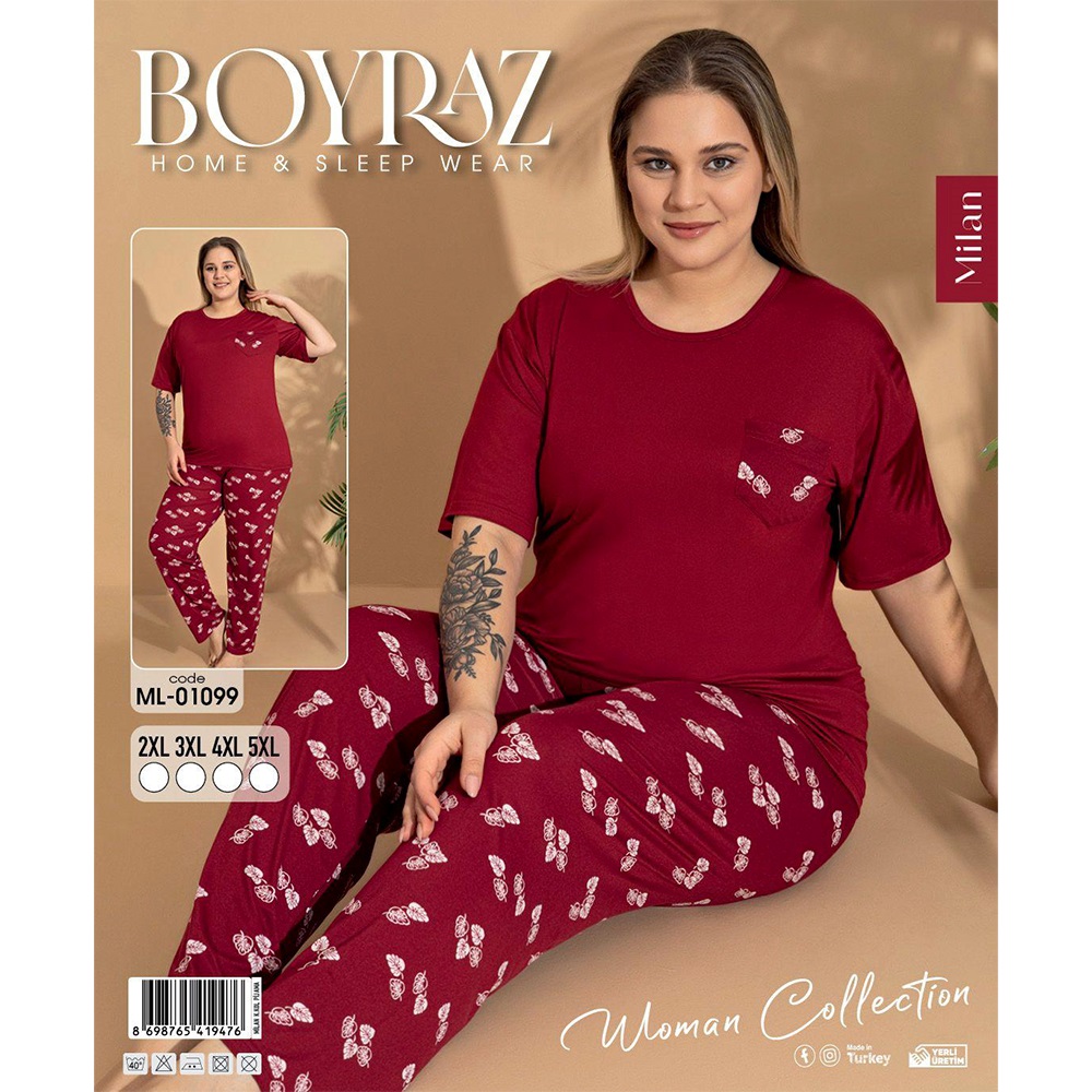 Boyraz Ml-01099 Bayan Battal Milan Desenli Kısa Kol Pijama Takımı 2XL-5XL