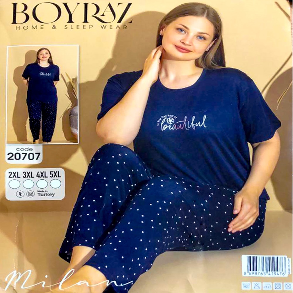 Boyraz 20707 Bayan Battal Milan Desenli Kısa Kol Pijama Takımı 2XL-5XL - Karışık Renk - 2XL-3XL-4XL-5XL
