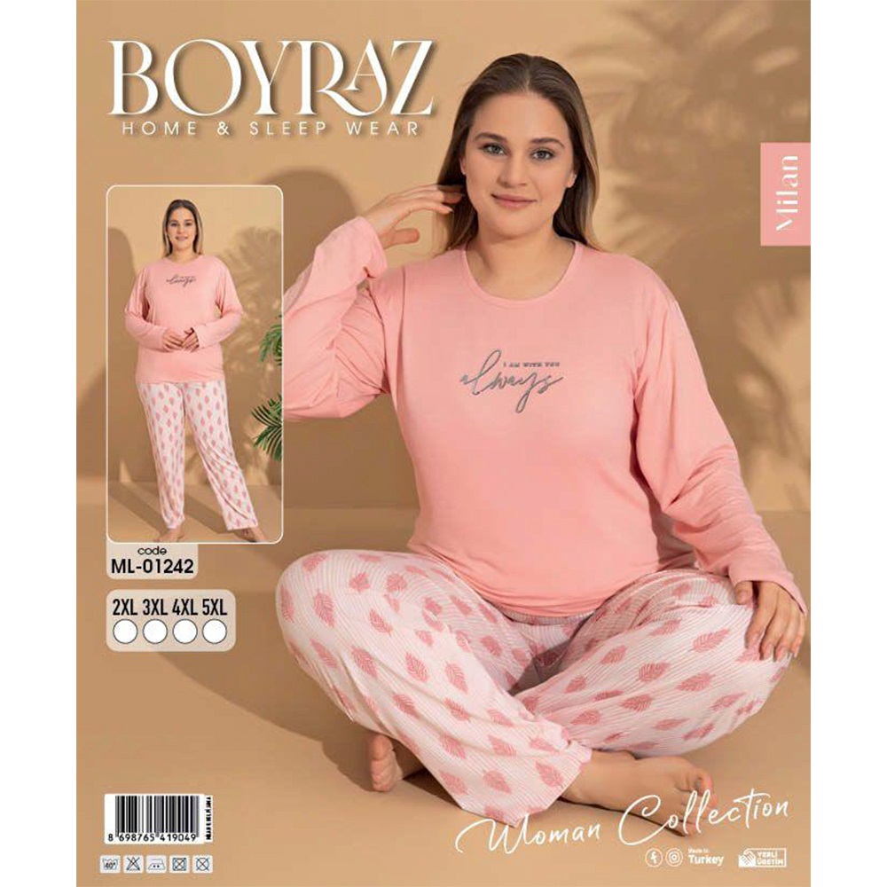 Boyraz Ml-1242 Bayan Battal Milan Desenli Uzun Kol Pijama Takımı 2XL-5XL