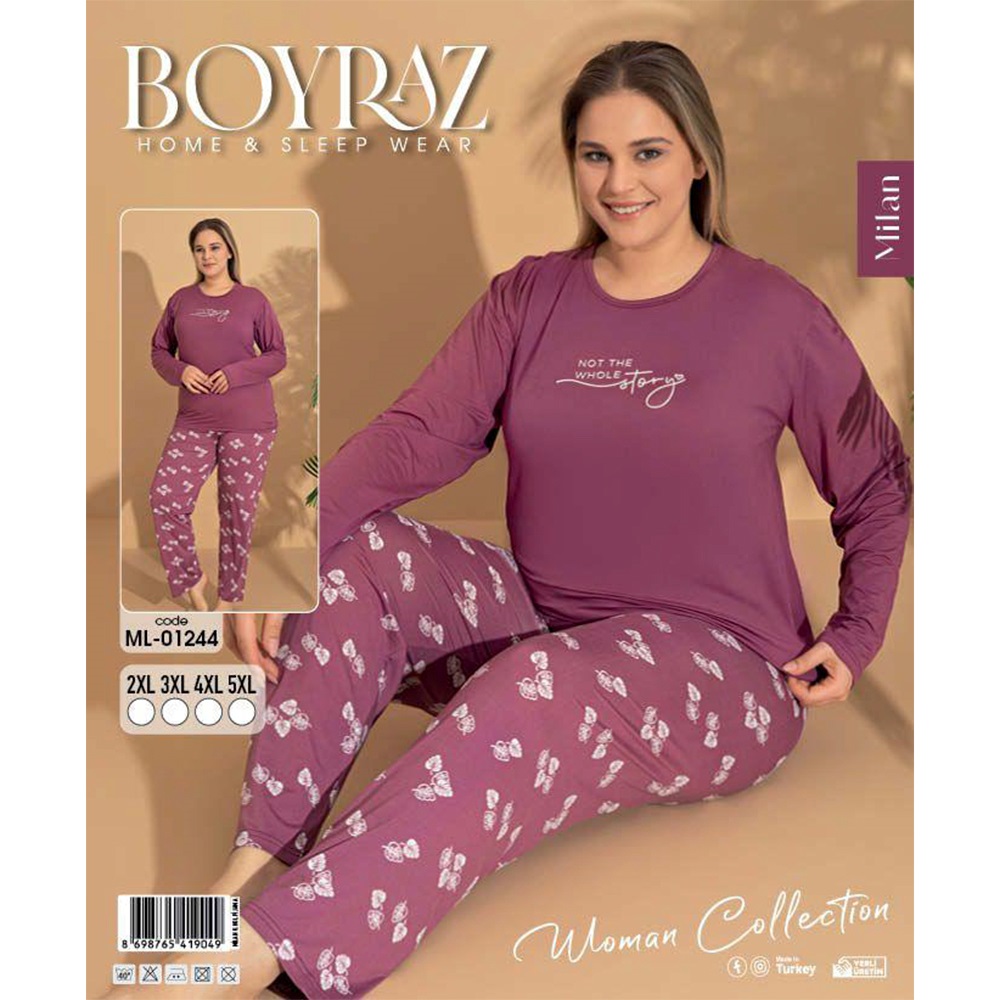 Boyraz Ml-1244 Bayan Battal Milan Desenli Uzun Kol Pijama Takımı 2XL-5XL - Karışık Renk - 2XL-3XL-4XL-5XL