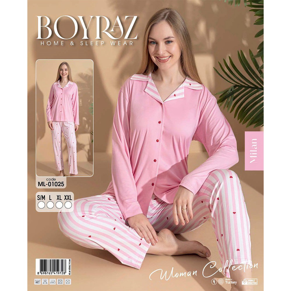 Boyraz 01025 Bayan Milan Desenli Uzun Kollu Ceket Yakalı Pijama Takımı S-2XL