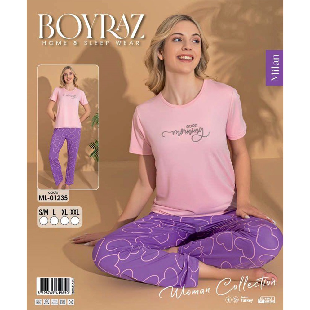 Boyraz Ml-01235 Bayan Milan Desenli Kısa Kol Pijama Takımı S-2XL