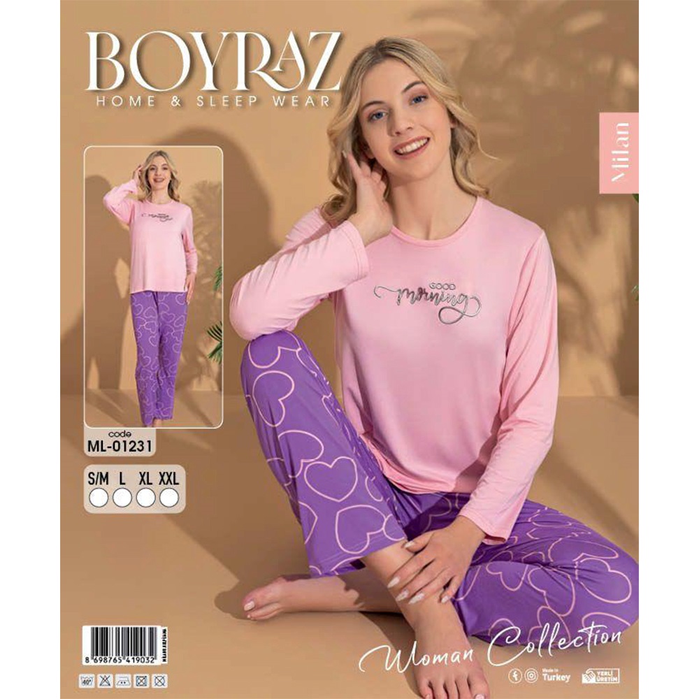 Boyraz Ml-01231 Bayan Milan Desenli Uzun Kollu Pijama Takımı S-2XL
