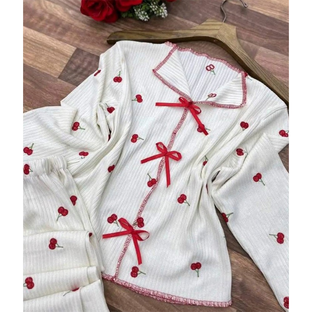 Sude Bayan Alaçatı Gömlek Kiraz Baskılı Uzun Kol Pijama Takımı M-2XL - Karışık Renk - M-L-XL-2XL