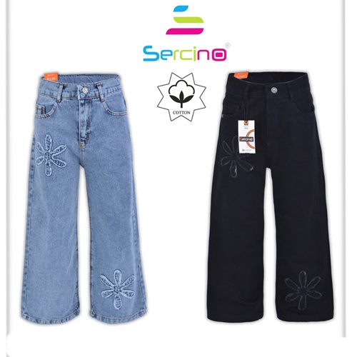 Sercino 57273 Kız Çocuk Pamuklu Büyük Papatya Nakışlı Geniş Paça Kot Pantolon 6-10 Yaş - Karışık Renk - 6-10 YAŞ