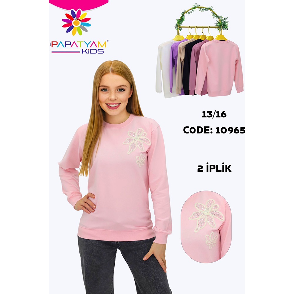Papatyam Kids 10965 Kız Çocuk Omuz Taş Çiçek Nakışlı Sıfır Yaka Sweat 13-16 Yaş - Karışık Renk - 13-16 YAŞ