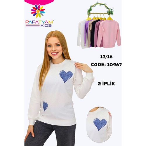 Papatyam Kids 10967 Kız Çocuk Kalp Baskılı Taşlı Sıfır Yaka Sweat 13-16 Yaş - Karışık Renk - 13-16 YAŞ