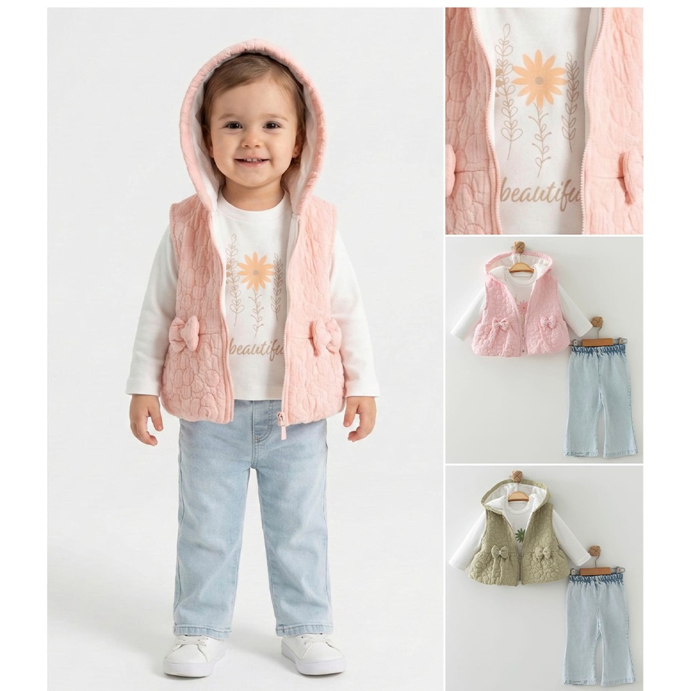 Tufitto 1767 Kız Çocuk Fiyonklu Yelekli 3 Lü Takım 1-3 Yaş - Karışık Renk - 1-3 YAŞ