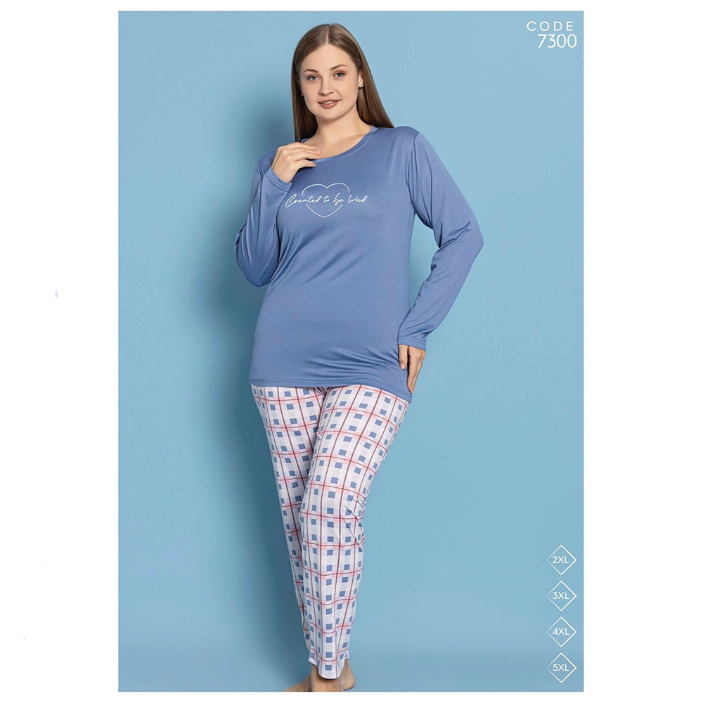 Selina 7300 Bayan Battal Milan Desenli Uzun Kol Pijama Takımı 2XL-5XL - Karışık Renk - 2XL-3XL-4XL-5XL