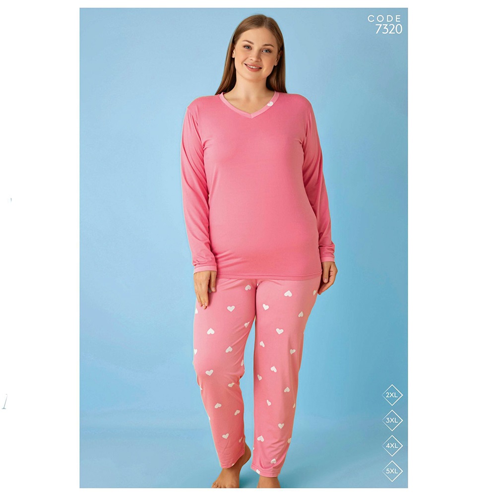 Selina 7320 Bayan Battal Milan Desenli Uzun Kol Pijama Takımı 2XL-5XL - Karışık Renk - 2XL-3XL-4XL-5XL
