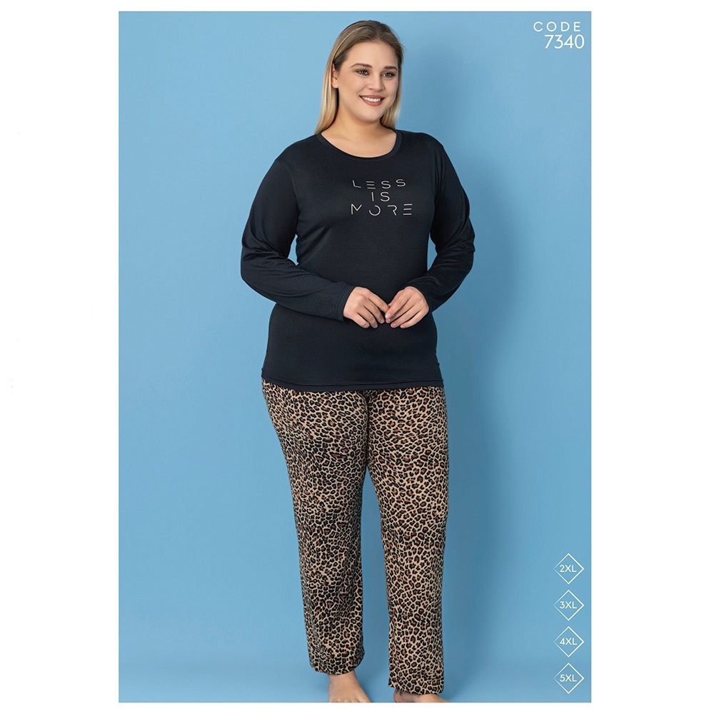 Selina 7340 Bayan Battal Milan Desenli Uzun Kol Pijama Takımı 2XL-5XL - Karışık Renk - 2XL-3XL-4XL-5XL
