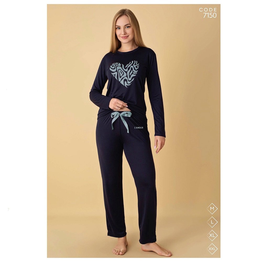 Selina 7150 Bayan Milan Desenli Uzun Kol Pijama Takımı M-2XL - Karışık Renk - M-L-XL-2XL